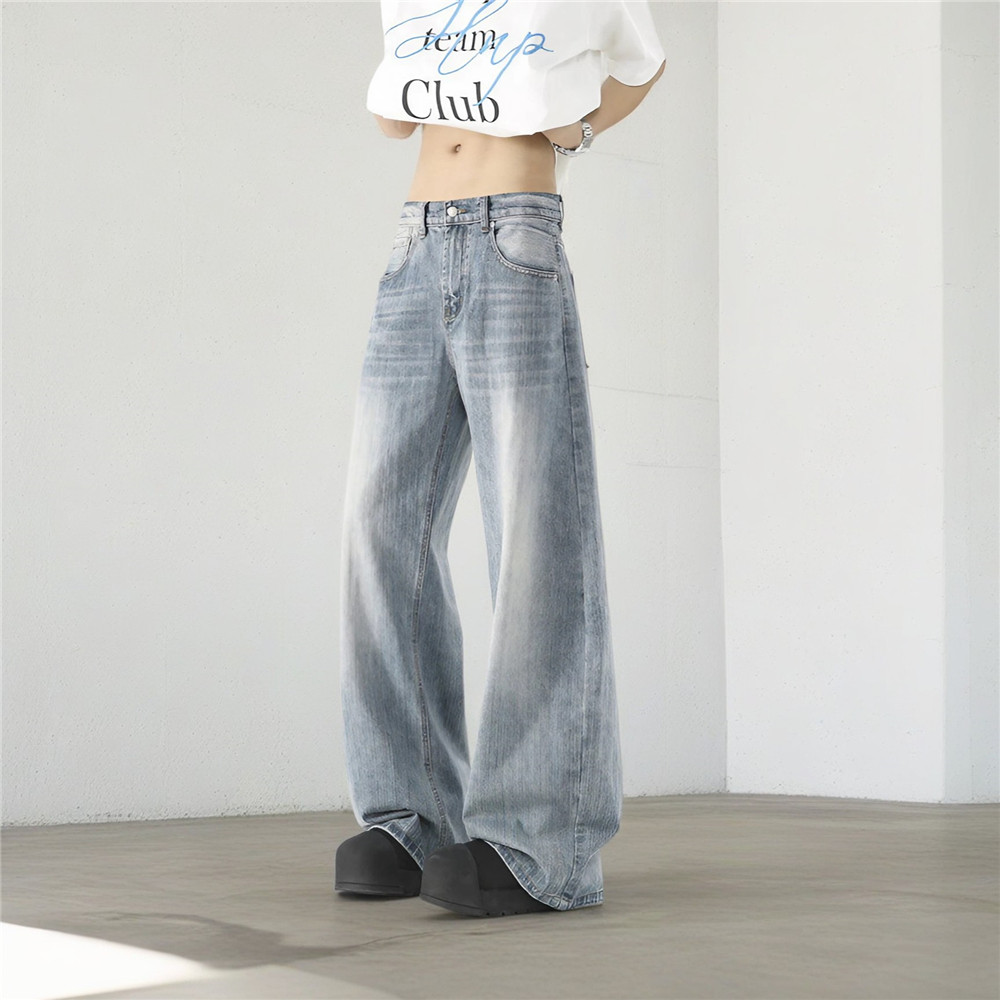 2025新美式高街cleanfit竹节做旧弯刀牛仔裤男直筒微喇廓形长裤子图片