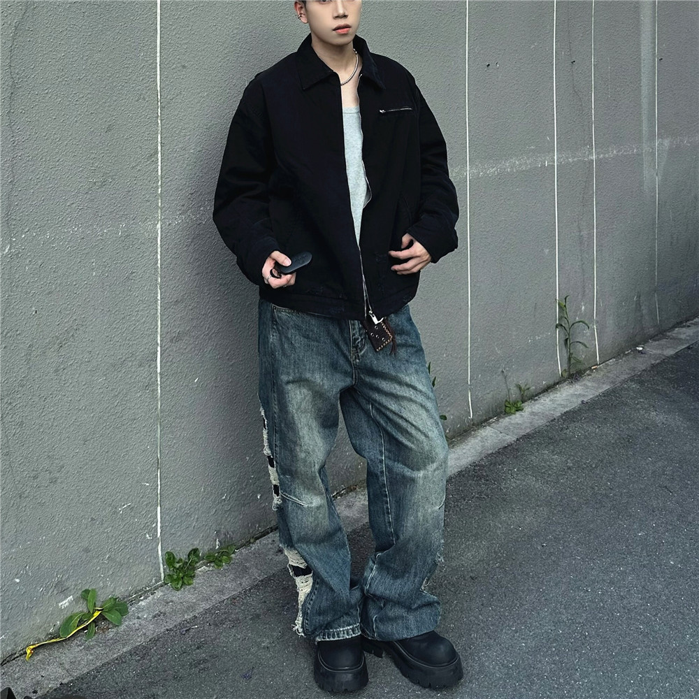 美式复古做旧宽松阔腿牛仔裤男个性小众宽松直筒长裤破洞日常春季,男装牛仔裤,电商A306-2