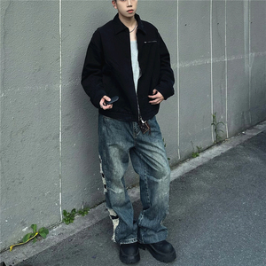 美式复古做旧宽松阔腿牛仔裤男个性小众宽松直筒长裤破洞日常春季