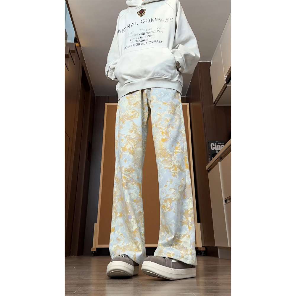 美式高街印花牛仔裤男春秋季vibe裤子设计感褶皱裤伞兵裤休闲长裤,男装牛仔裤,电商A306-2