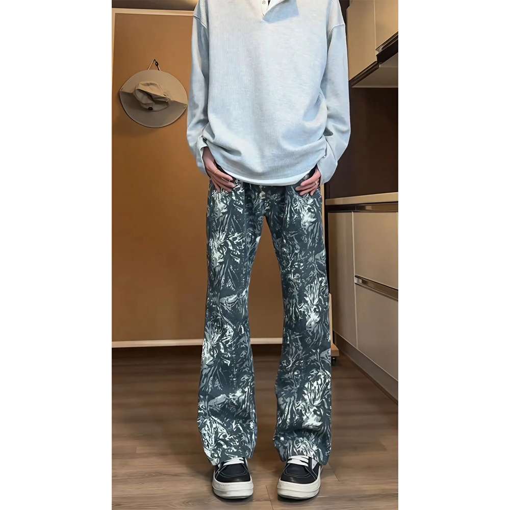 美式高街印花牛仔裤男春秋季vibe裤子设计感褶皱裤伞兵裤休闲长裤,男装牛仔裤,电商A306-2