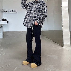 小众水洗做旧铆钉毛边拖地微喇叭牛仔裤显瘦美式cleanfit长裤子男图片