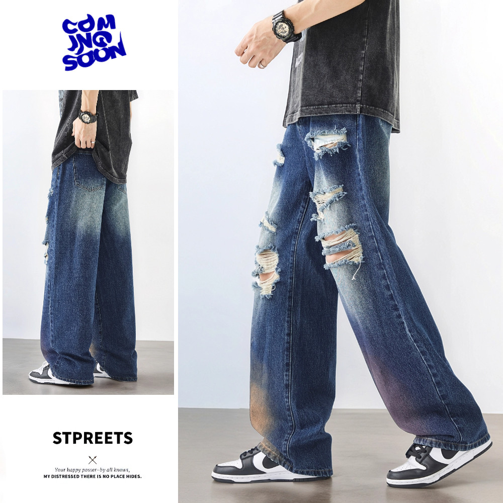 美式高街宽松直筒乞丐破洞牛仔裤男春秋垂感大码男士潮牌痞帅裤子，男装牛仔裤，电商A306-2