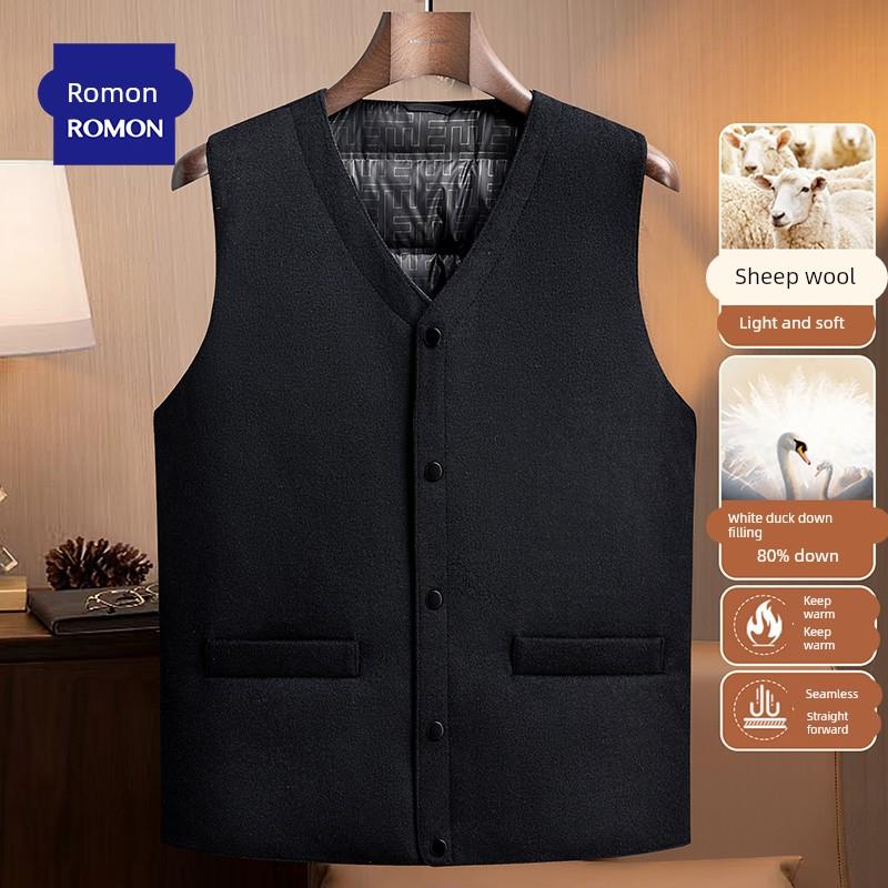 罗蒙羊毛羽绒马甲男款秋冬季中年爸爸装加厚保暖背心坎肩马夹