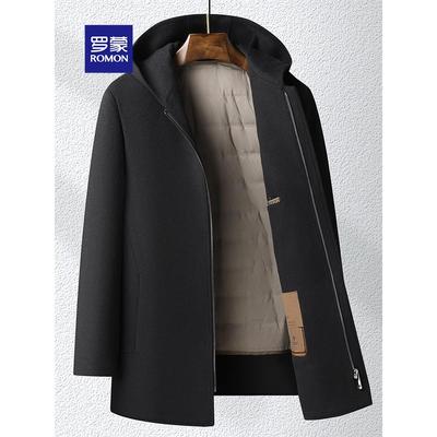 【加绒内胆+纯羊毛】罗蒙羊毛大衣男中款双面呢连帽外套秋冬新款