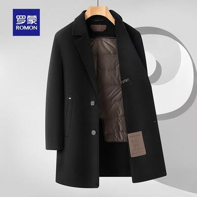 【纯羊毛】罗蒙羊毛呢子大衣男装中款商务双面毛呢外套鹅绒内胆
