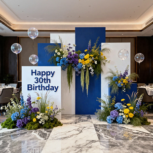 生日场景布置装饰30岁蓝白色派对年会仪式感男女三四十背景墙kt板