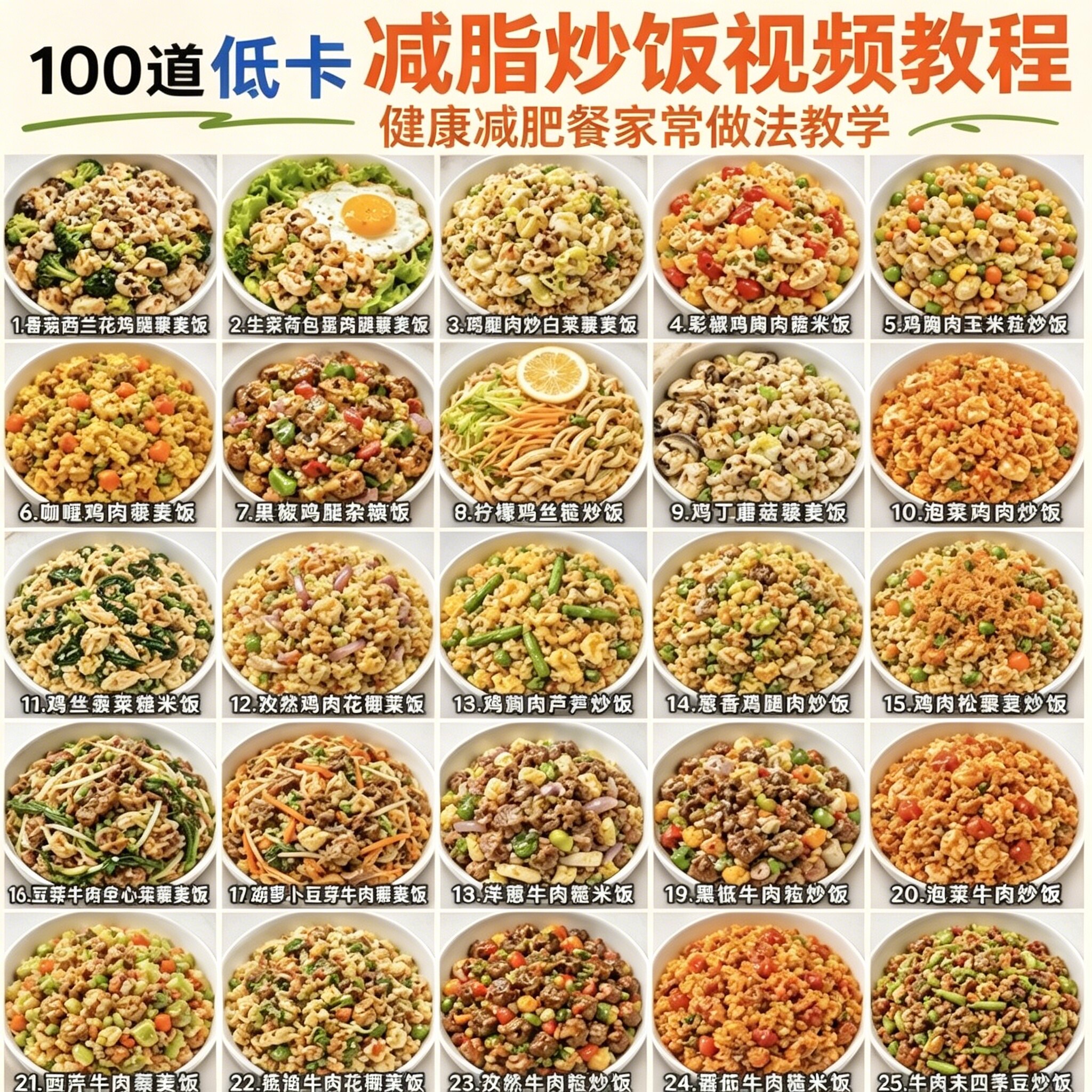 100道低卡减脂炒饭视频教程健康减肥餐食谱 家常杂粮饭做法技巧