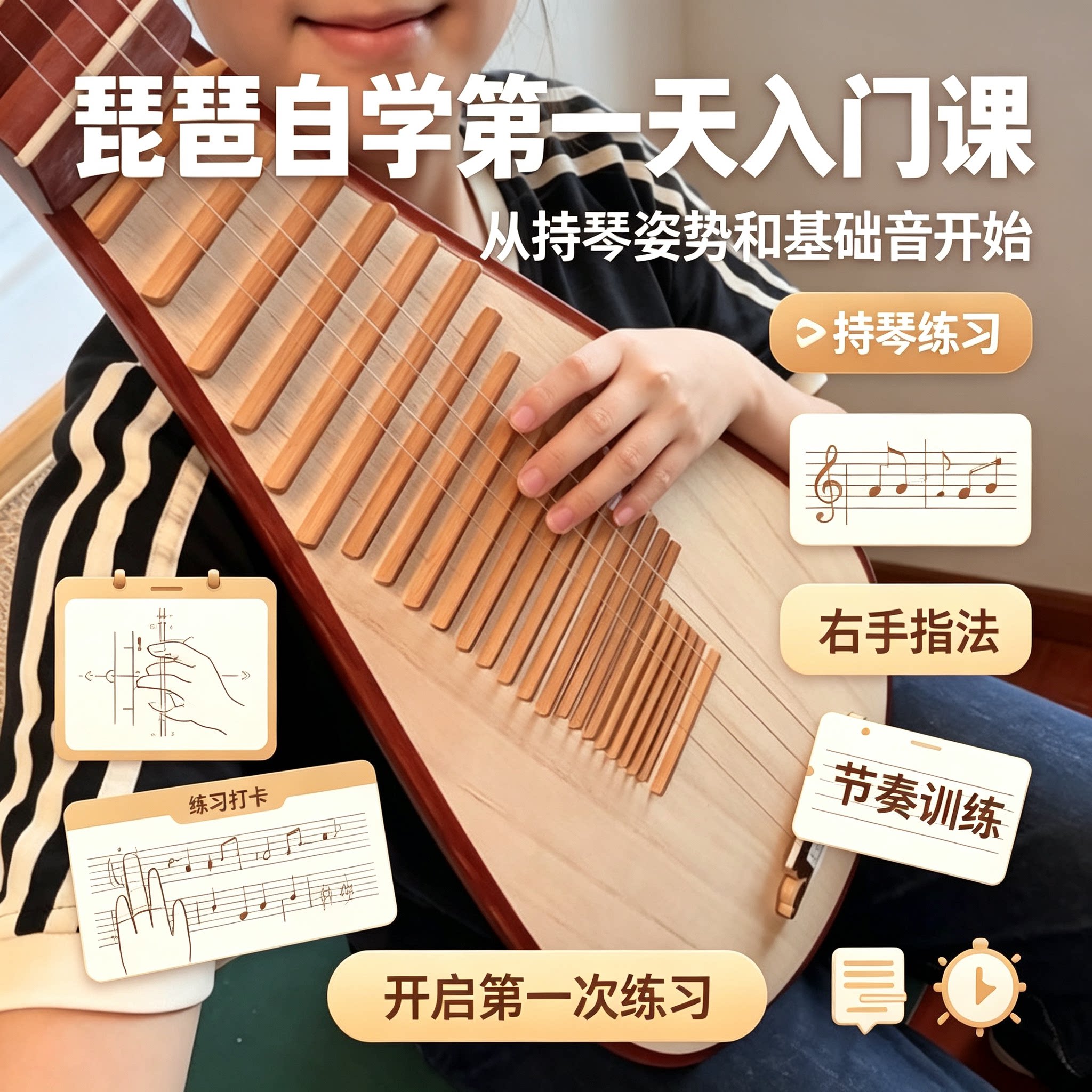 琵琶自学第一天入门课程持琴姿势基础音练习右手指法节奏训练方法