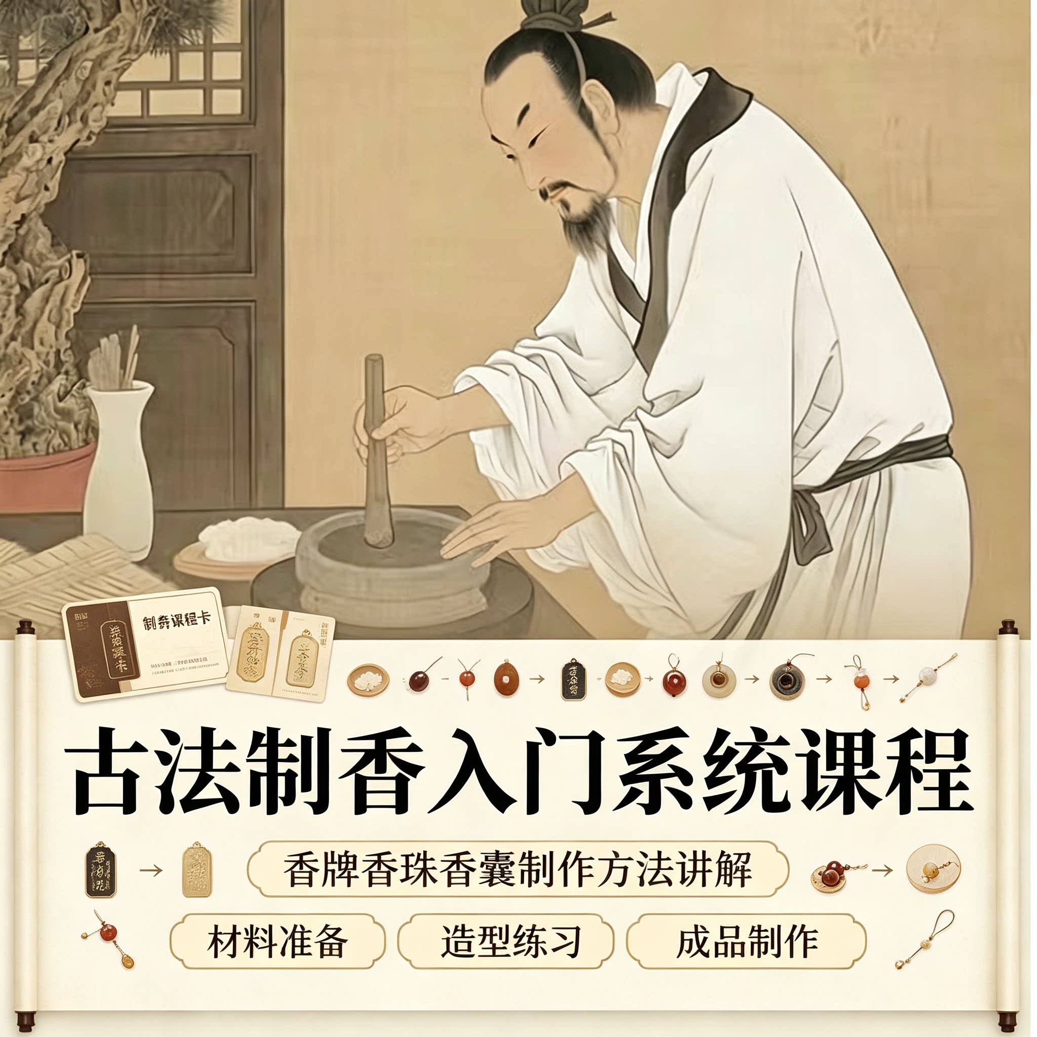 零基础古法制香入门系统课程香牌香珠香囊手工制作材料配方教学课