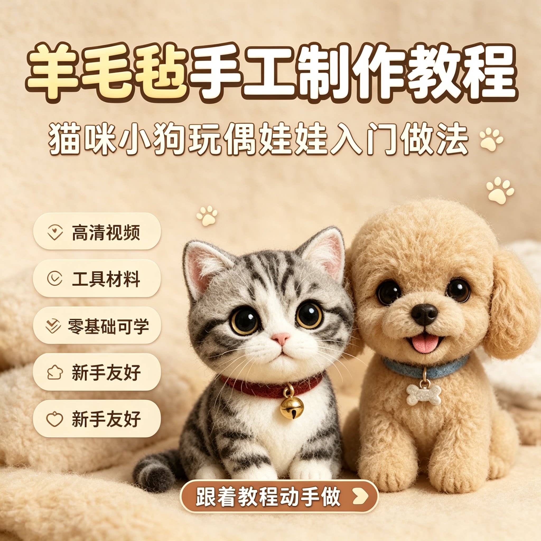 零基础羊毛毡手工制作入门教程猫狗玩偶新手工具材料详细步骤视频