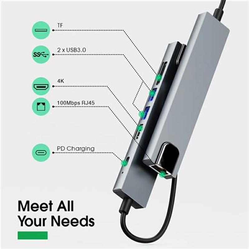 USB C Hub 7 In 1 Type C To 100M Network Card Adapter with RJ