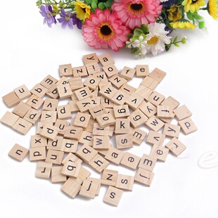 100 PCs Wooden Alphabet Scrabble Tiles Black LettersCrafts W