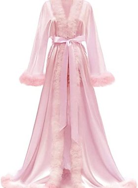 Women's Satin Robe Fur Nightgown Bathrobe Sleepwear