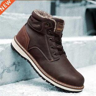 Split Leather Ankle Boots For Men Winter Plush Warming Male