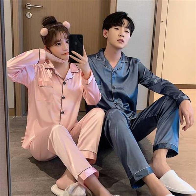 Sleepwear Men Silk Satin Solid Color Pajama Sets Couple Long