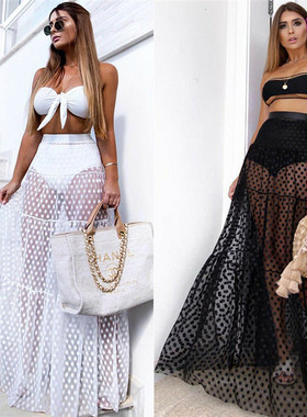 Summer Swimwear Women Maxi Skirt See Through Polka Dot Pleat