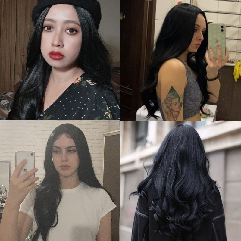 Dark Black Natural Long Wave Synthetic Hair Wigs Middle Part