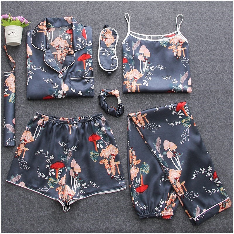 7 Pieces Womens Silk Satin Pajamas Sets Pyjamas Set Sleepwe