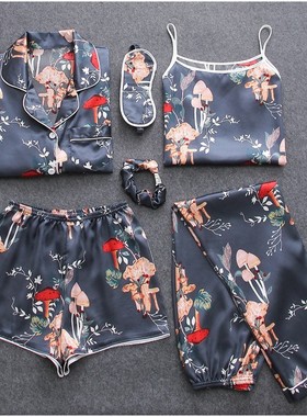 7 Pieces Womens Silk Satin Pajamas Sets Pyjamas Set Sleepwe
