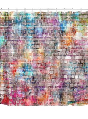 Graffiti Grunge rban Brick Art Wall Extra Long Shower Curtai