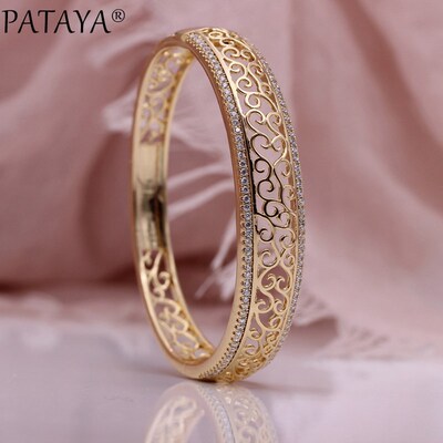 PATAYA New Hollow Bangles 585 Rose Gold Natural Zircon Wo Ba