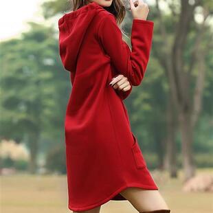 Women Loose Long Hoodie Solid Red Sweatshirt Hoodies Fashion