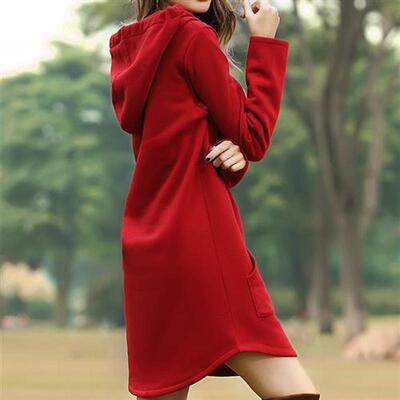Women Loose Long Hoodie Solid Red Sweatshirt Hoodies Fashion