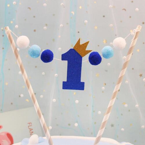 1 Set  Kawaii ONE Year Crown Pompon Cake Toppers Birthday C