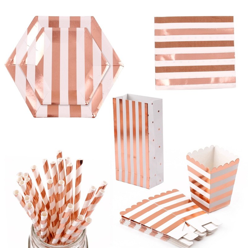Rose Gold Paper Drinking Straws Disposable Paper Plates Cups