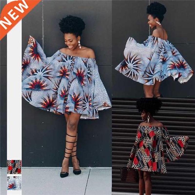 Women Long Sleeve Top Dress African Clothes Print Off Should