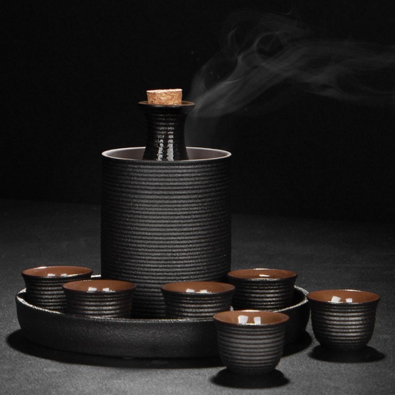 Japanese Style Ceramic Sake Pot Cup Set Black Pottery Liquor
