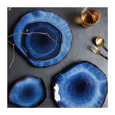 Ceramic Plates Deep Blue Irregular Flat Plate Pottery Dish