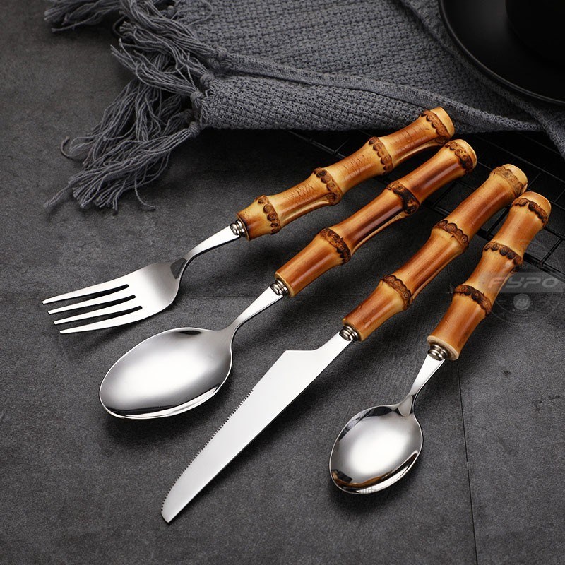 8/16pcs Creative Bamboo Cutlery Sets 304 Stainless Steel Ste