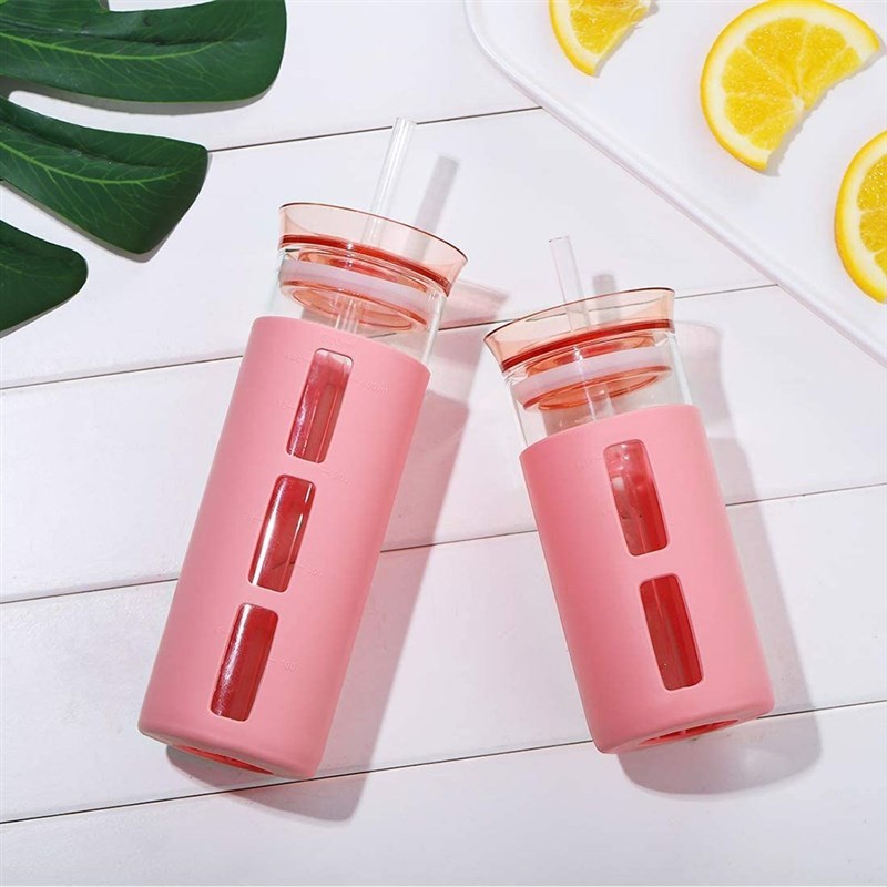 500ML Glass Coffee Mug Insulated Mug With Lid Drink Straw Tr