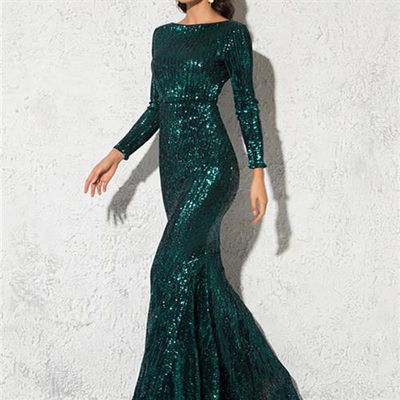 Modest Green Long Sleeve Mermaid Sequin Evening Gown Burgund