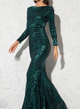 Modest Green Long Sleeve Mermaid Sequin Evening Gown Burgund