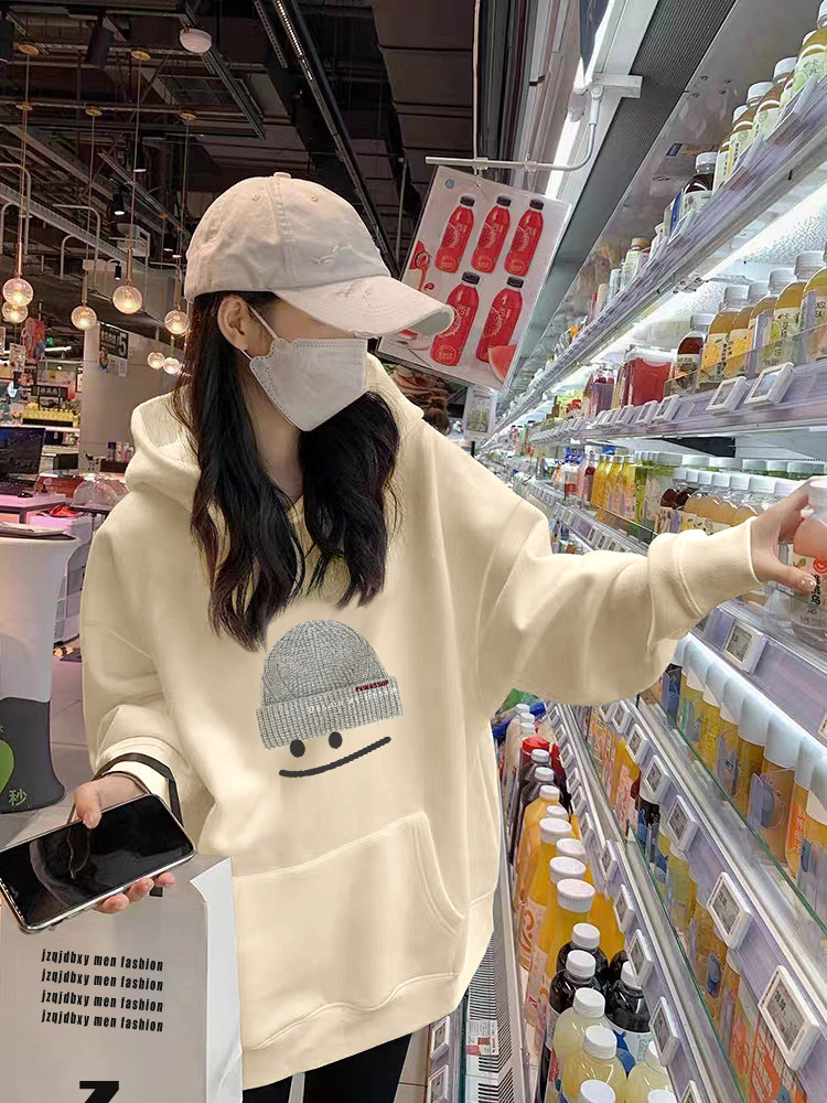 Apricot Hooded Sweatshirt for Women 2025 New Popular Autumn Loose Plus Size Top Korean Style Fleece Lined Outerwear Trendy