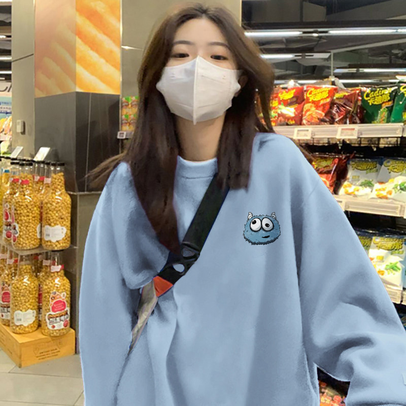 Haze Blue Cartoon Round Neck Sweatshirt for Women, 2025 New Loose and Slimming Top, Fleece Lined Jacket for Autumn and Winter