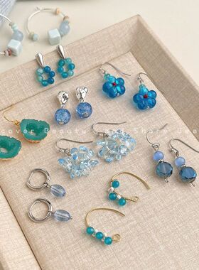 「瓦尔登蓝」小清新海蓝色花朵耳环个性手作天然石流苏耳饰度假风