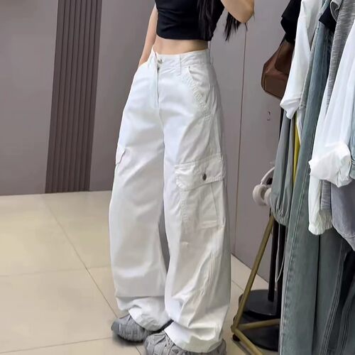 白色高腰阔腿速干显瘦工装裤女