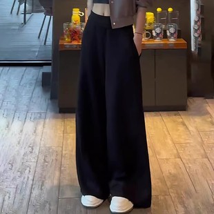 黑色加绒松紧阔腿裤女今年流行爆款美式高街宽松慵懒风拖地直筒裤