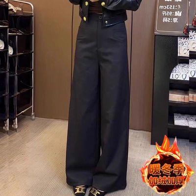 2025秋冬加绒黑色直筒休闲西装裤