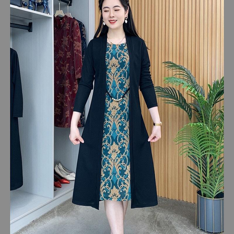 长袖假两件连衣裙女2025春季新款中老年女装Z遮肉气质妈妈装长裙