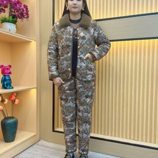 花棉袄套装 妈妈冬装 棉衣棉裤 冬季 两件套加绒加厚家居服中老年女装