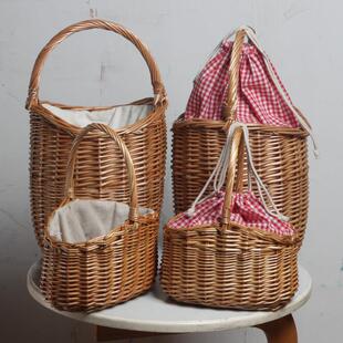 柳编手提篮子野餐篮鸡蛋篮采摘篮法式田园手工编织花篮非藤编竹篮