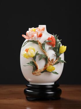 东方泥土《花开富贵》陶瓷手工花瓶摆件高档家居客厅博古架装饰品