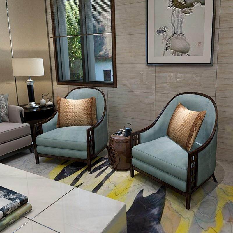 新中式实木沙发椅家用阳台靠背单人沙发客厅布艺休闲接待洽谈椅