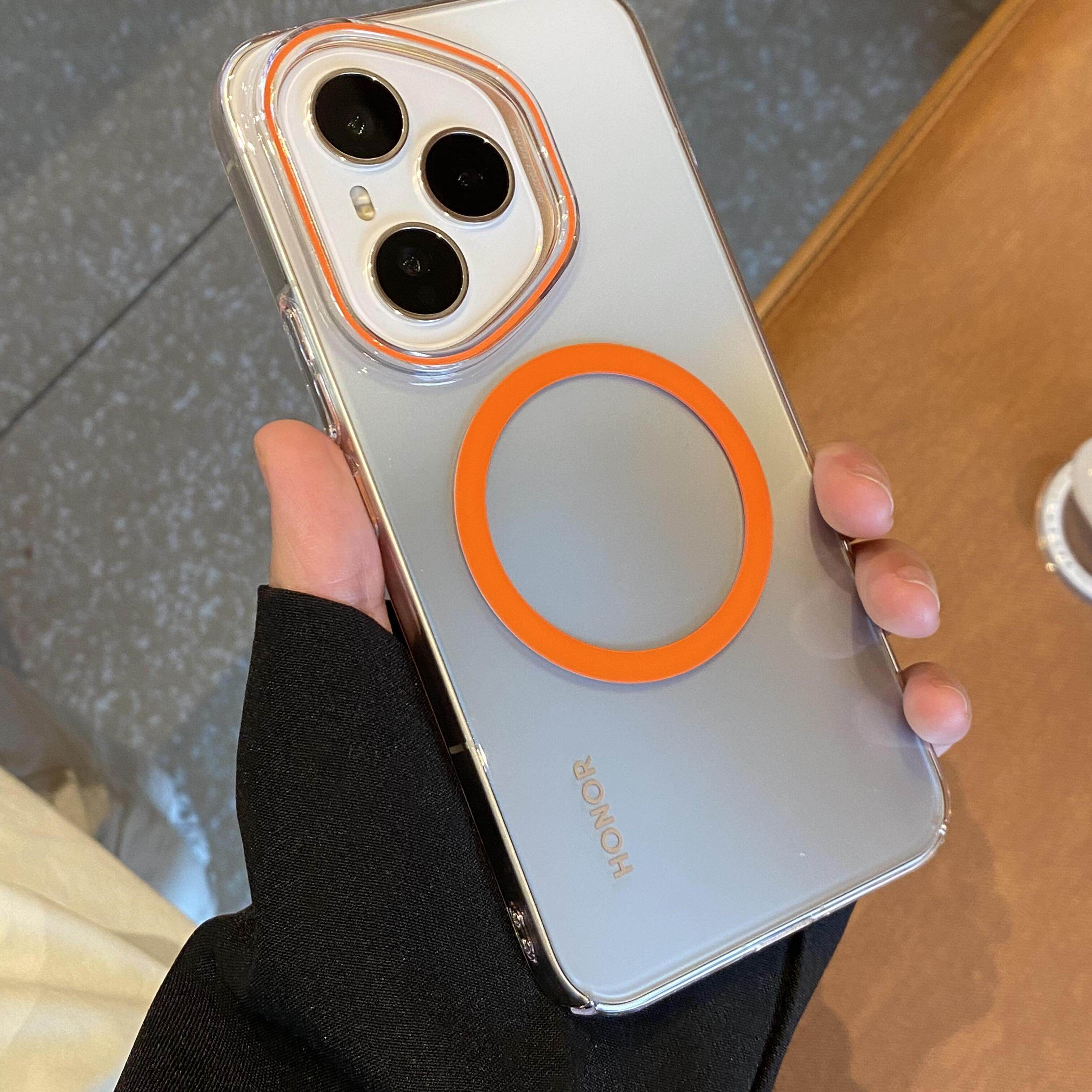小清新透明撞色橙色适用荣耀400手机壳400Pro磁吸PC硬壳华为nova14Ultra轻薄全包高档不会发黄男女新款高级感