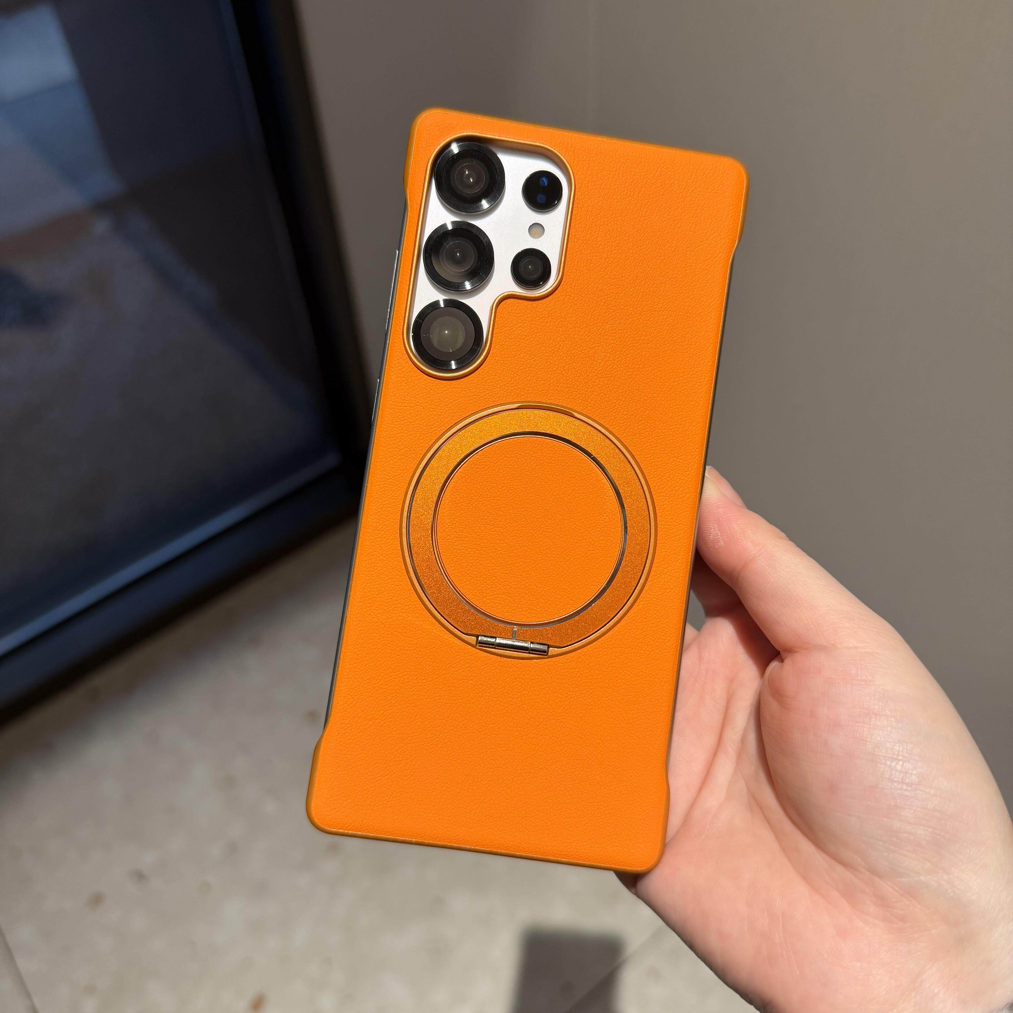 新款星宇橙色皮纹适用三星S25Ultra手机壳s24ultra无边框支架s25半包s23ultra高级感不沾指纹硬壳薄时尚男女